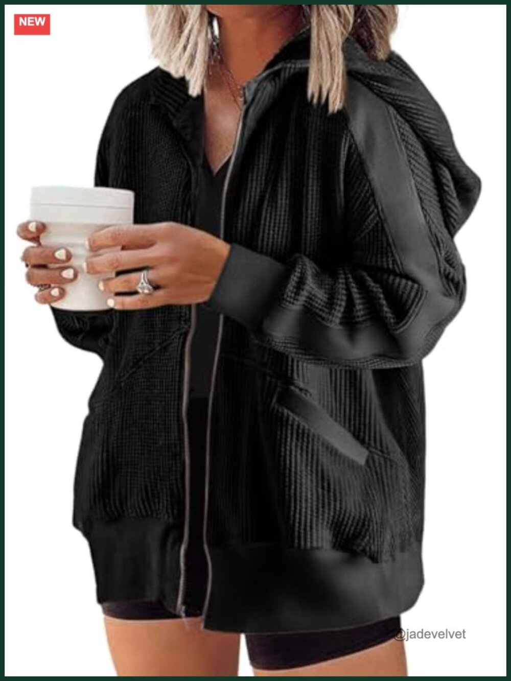 Plus Size Zip Up Hoodie Oversized Waffle Knit Womens Sweatshirt with Pockets